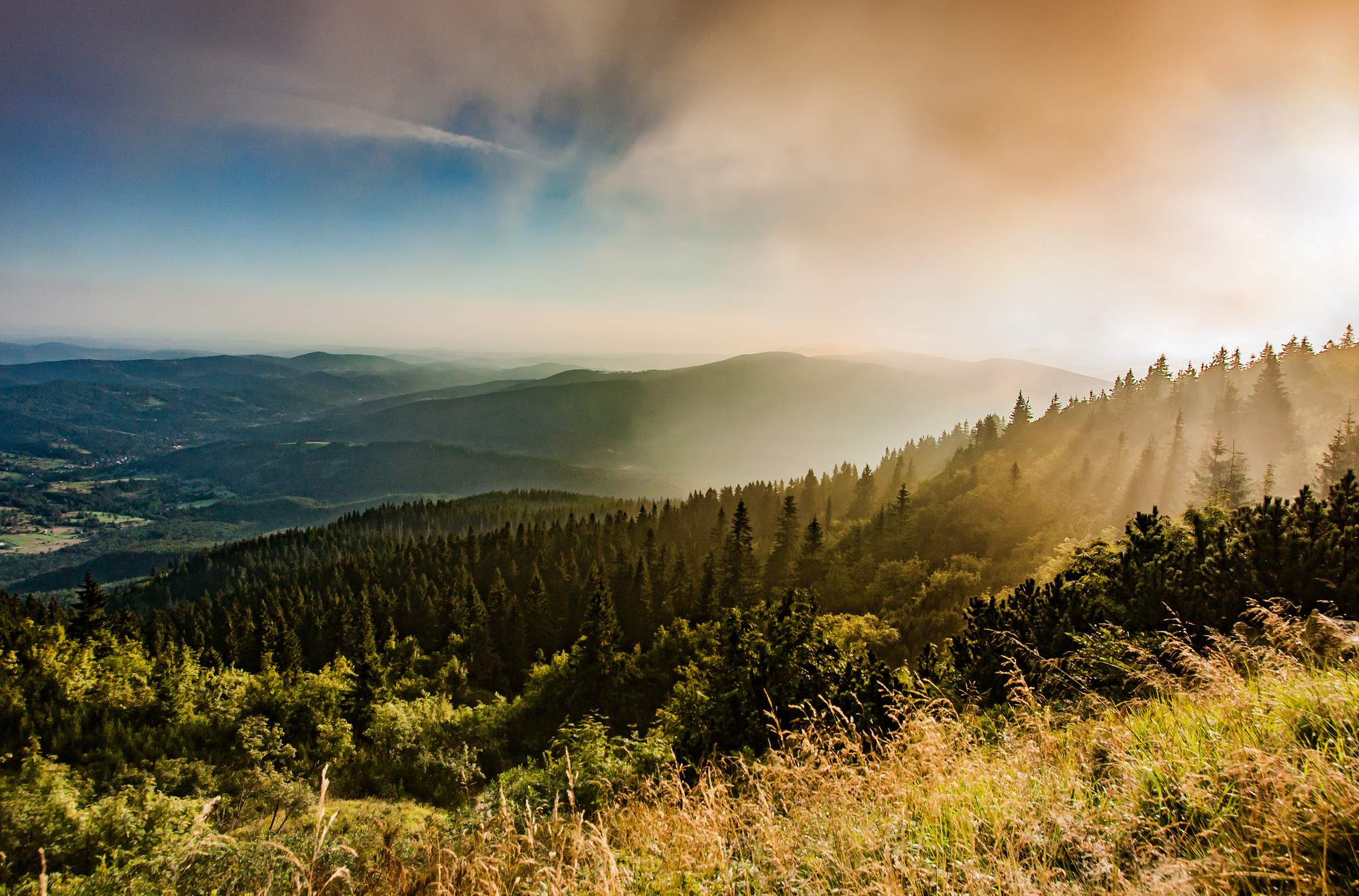 A scenic view from Przełęcz Brona pass. Beautiful colors and light play