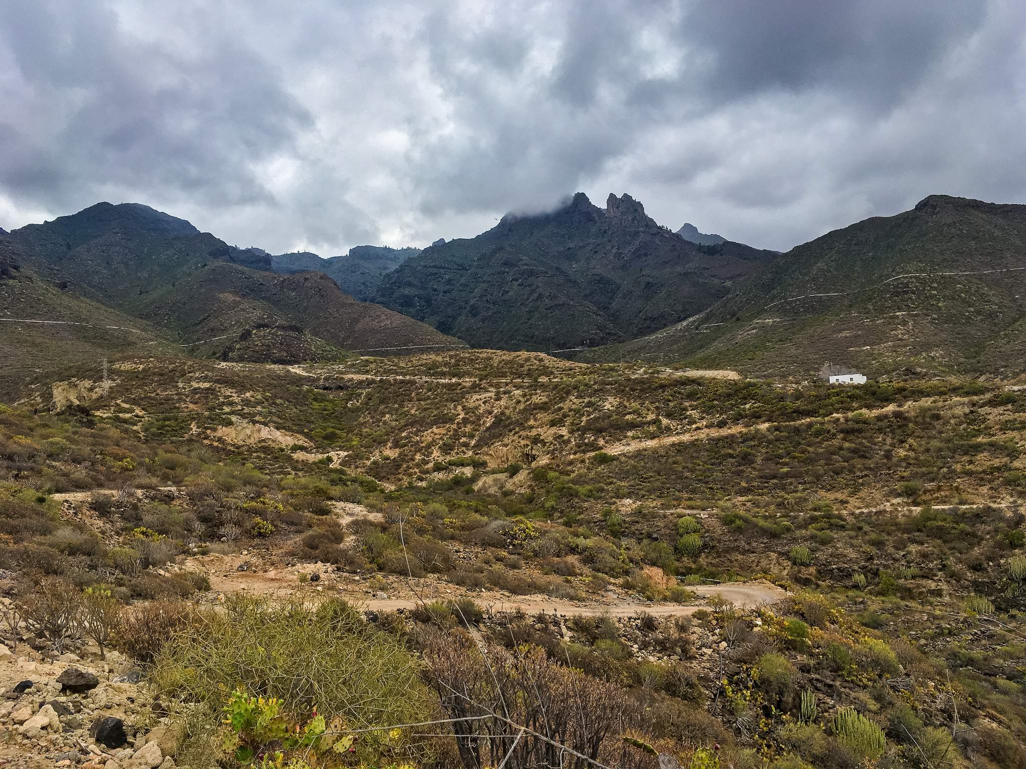 A wide look towards the paths and mountains of the Reserva Natural Especial del Barranco del Infierno, Tenerife.