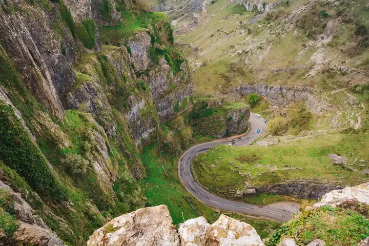A view of the twisted Cheddar Gorge Road, Somerset, England, UK