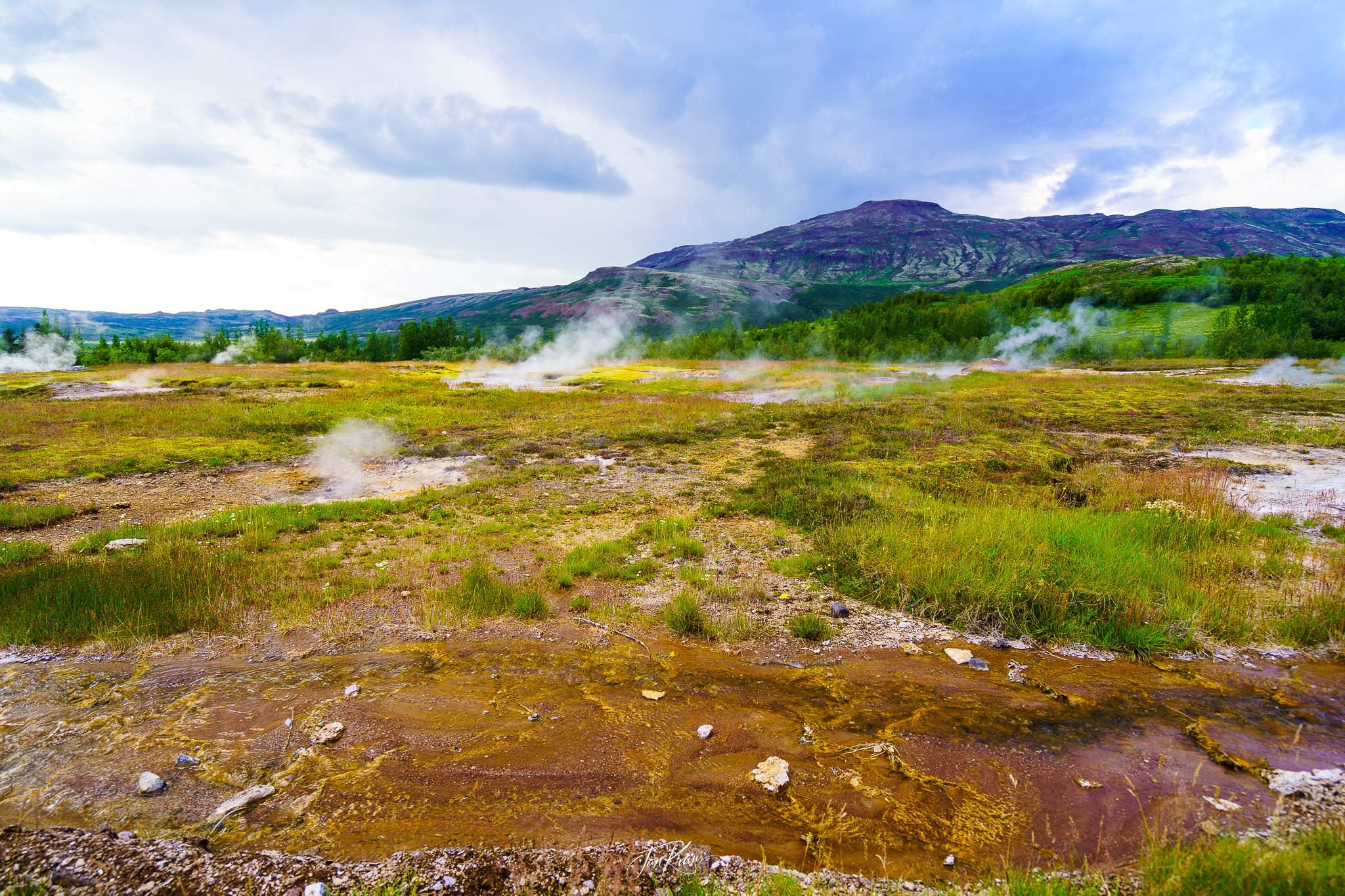 Multiple patches of steaming, exposed vents and small ponds at Geysir Geothermal Area, Iceland