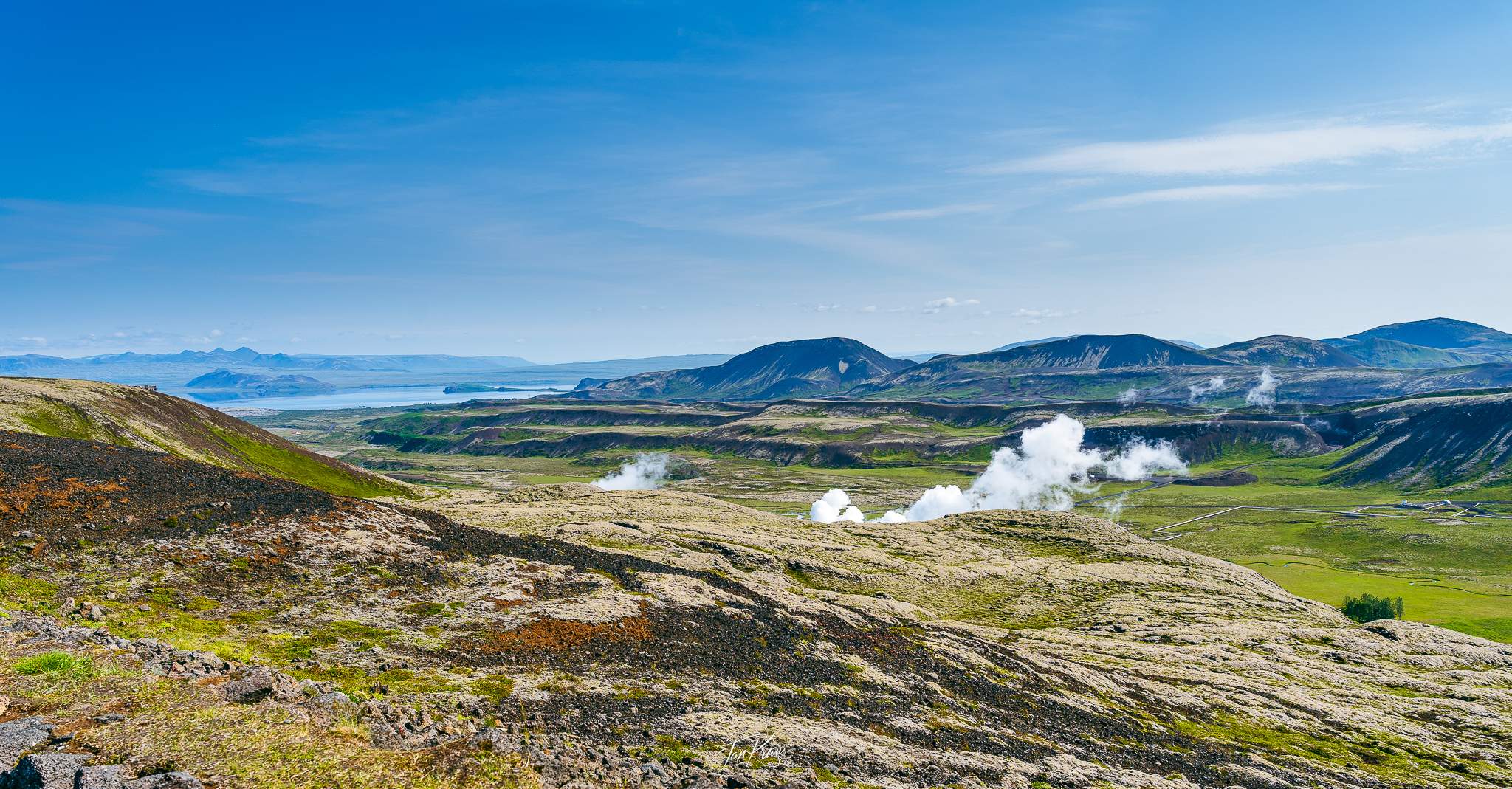 First encounter with geothermal activity, valley with steaming outlets, west of Reykjavík, Iceland