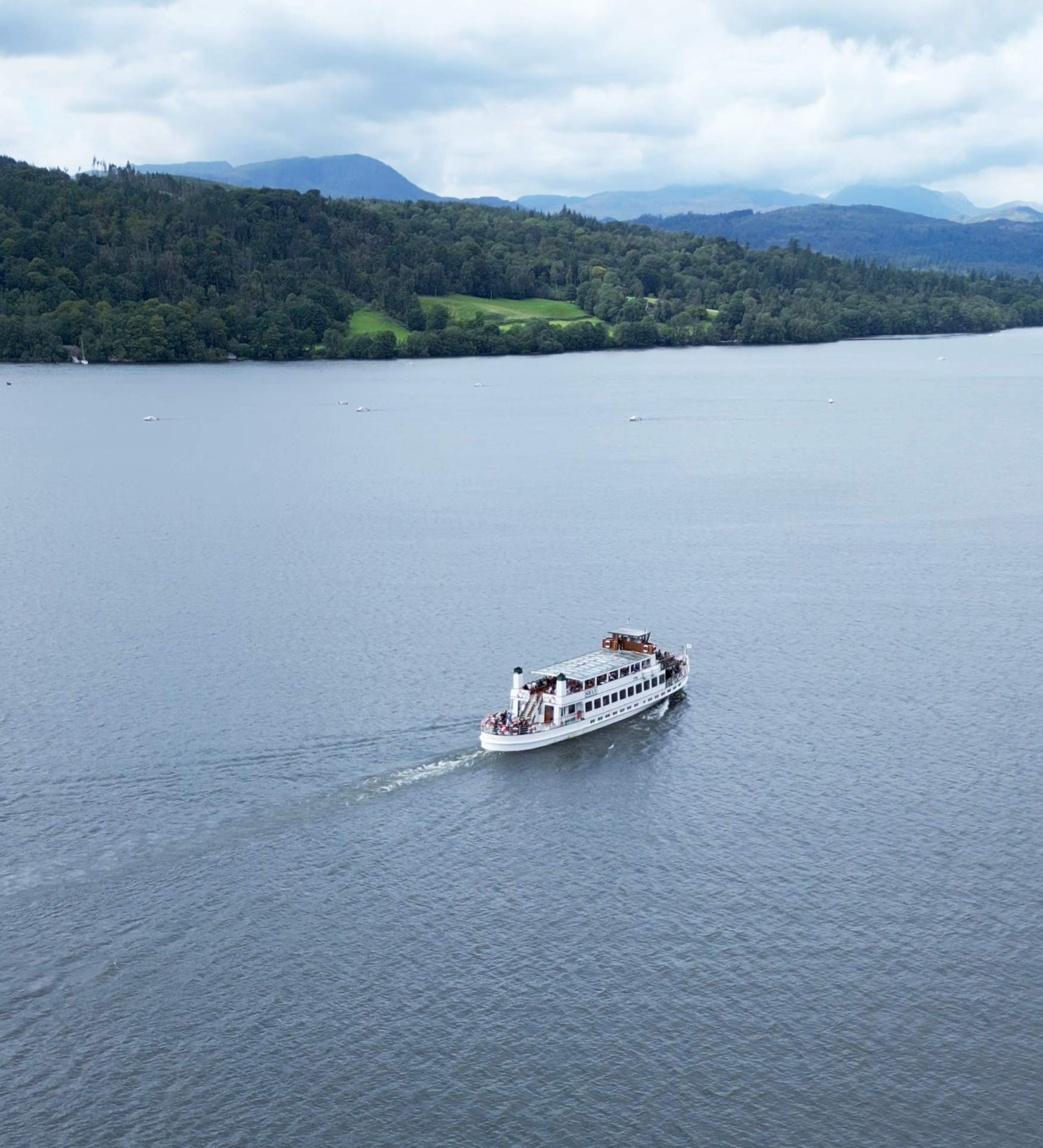 Drone shot of Windermere Lake Cruise, Lake District, England, UK